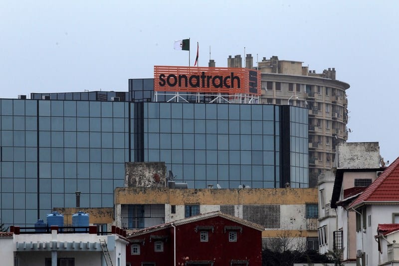 The logo of the Algerian Sonatrach group is pictured in Algiers, Friday, Feb.9, 2018 (AP Photo/Anis Belghoul)
